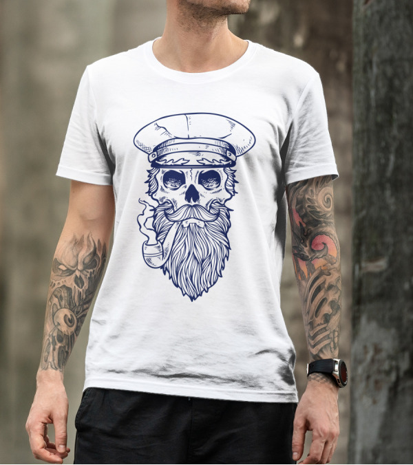 Bearded Skull Sailor With Pipe And Cap T-Shirt