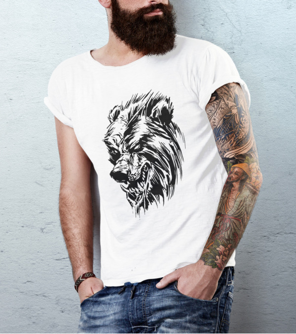 Black Werebear Fierce Glowing Eyes Grinning Wolf T-Shirt