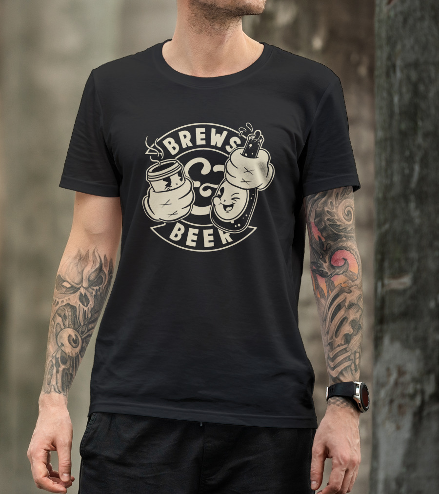 Brews And Beer Coffee Cup And Smiling Bottle Duo T-Shirt
