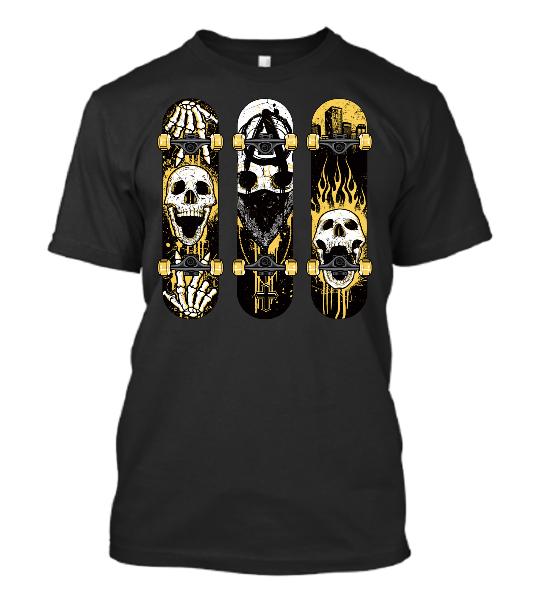 Skull Trio Burned Skateboards With Flames And Skeleton Hands T-Shirt