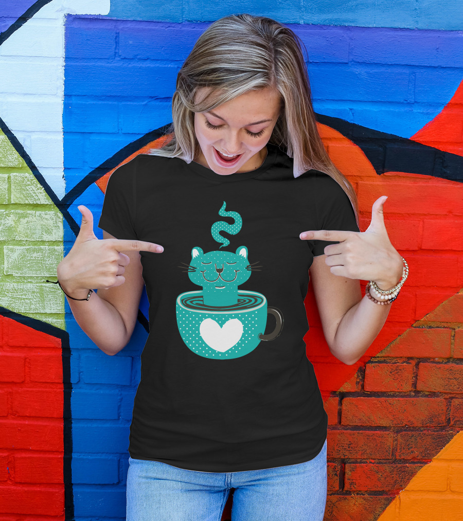 Cat Relaxing In Heart-Adorned Steaming Cup T-Shirt