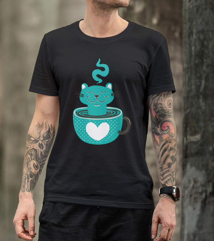 Cat Relaxing In Heart-Adorned Steaming Cup T-Shirt