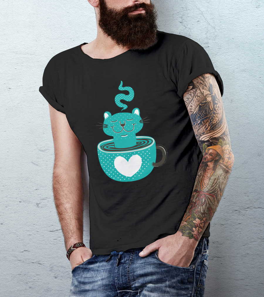 Cat Relaxing In Heart-Adorned Steaming Cup T-Shirt