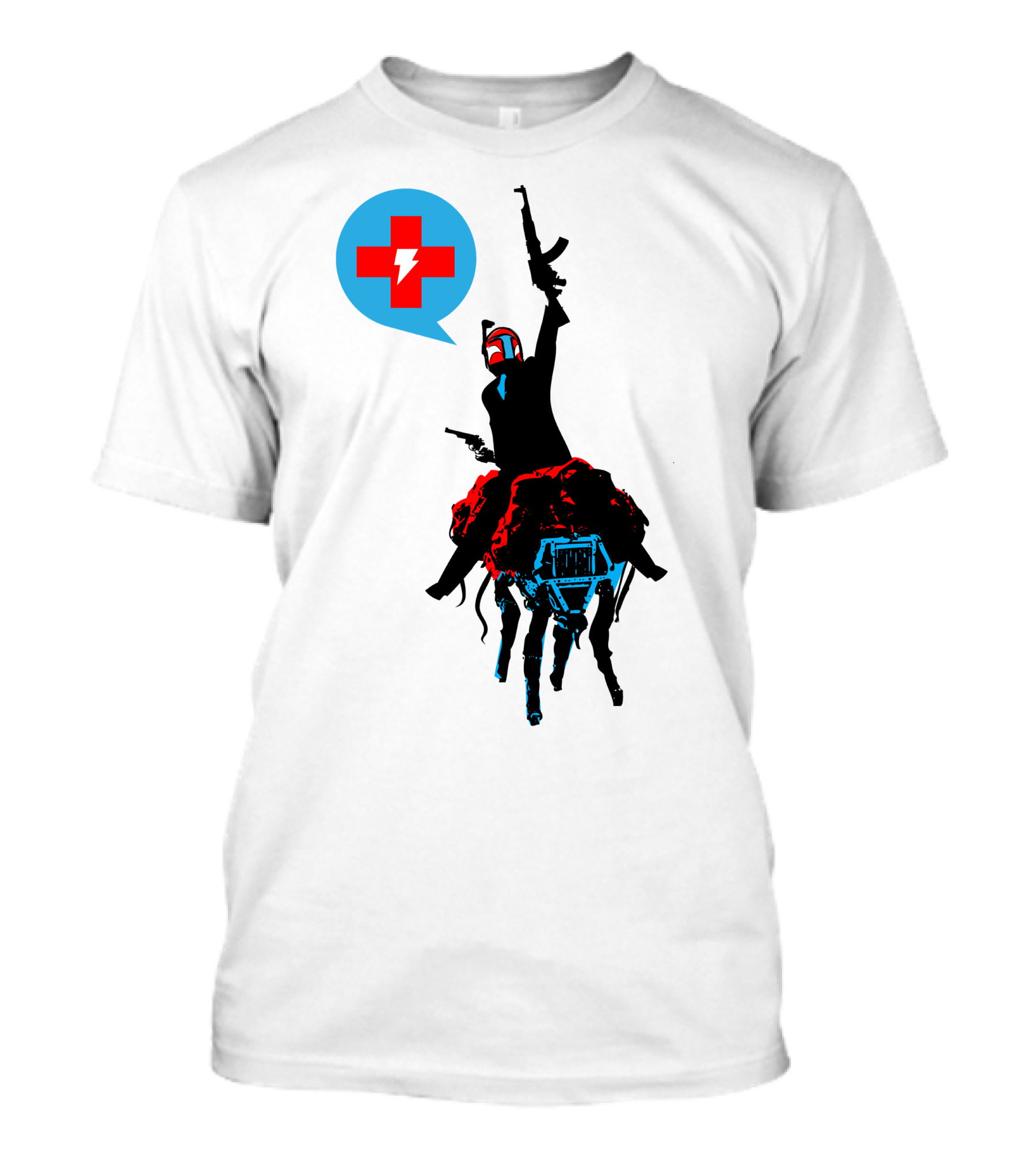 Celebratory Gunfire Robot Rider With Medical Cross And Lightning Bolt T-Shirt
