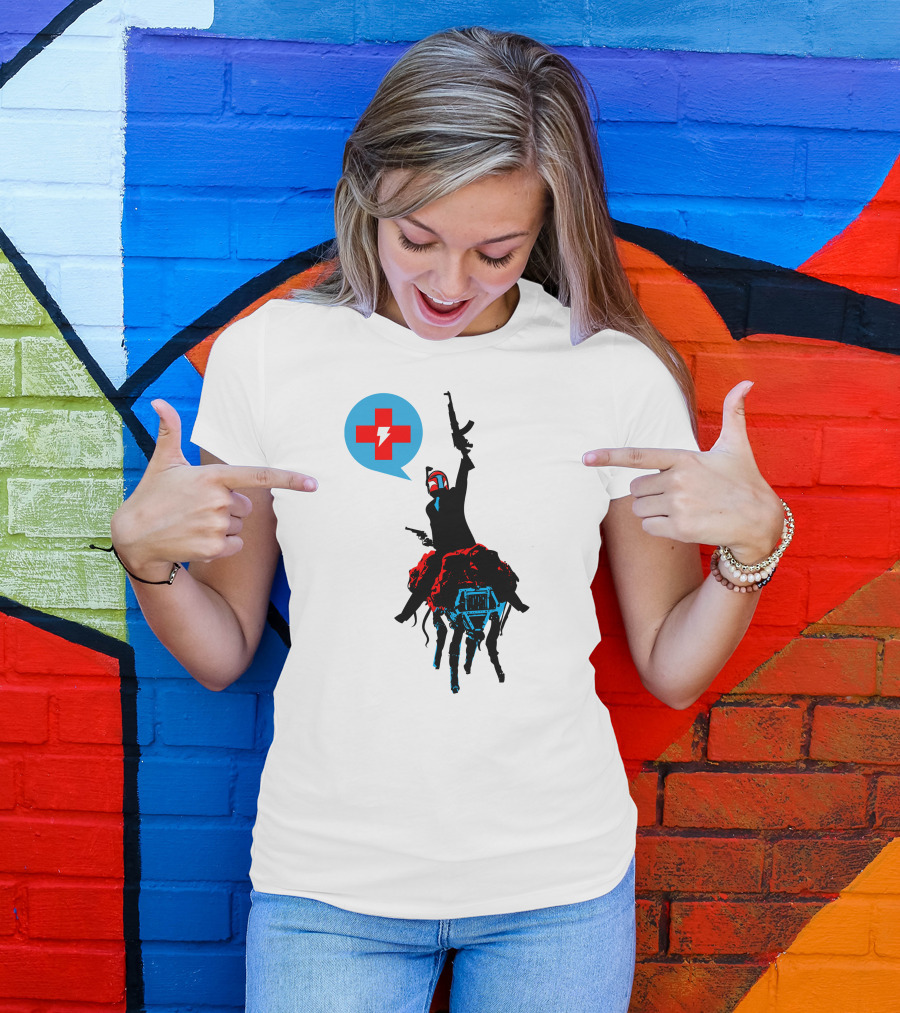 Celebratory Gunfire Robot Rider With Medical Cross And Lightning Bolt T-Shirt