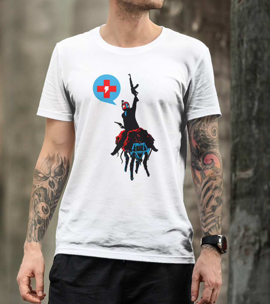 Celebratory Gunfire Robot Rider With Medical Cross And Lightning Bolt T-Shirt