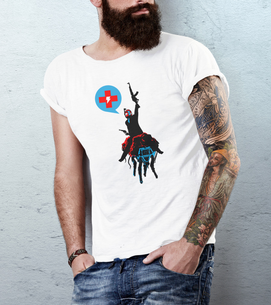 Celebratory Gunfire Robot Rider With Medical Cross And Lightning Bolt T-Shirt