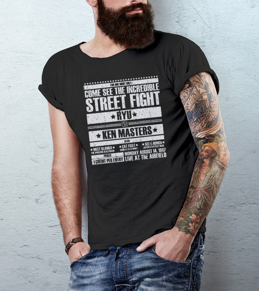 FOR ONE NIGHT ONLY RYU VS KEN MASTERS MEET BLANKA CHUN LI VS CAMMY MONDAY AUGUST 14 1987 LIVE AT THE AIRFIELD T-Shirt