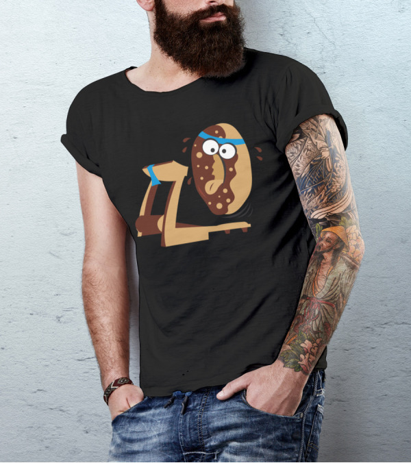 Donut Exercising On Treadmill With Sweat And Blue Headband T-Shirt