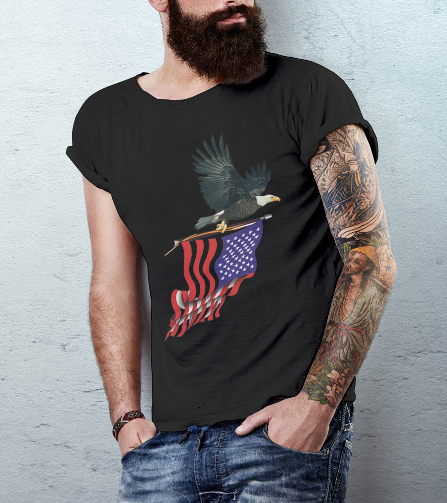 Eagle With American Flag Soaring Majestically In Flight T-Shirt