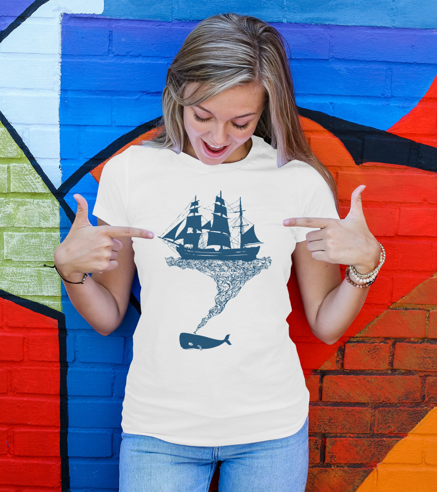 Exhaling Flotsam Blue Whale Sailing Ship Fusion T-Shirt