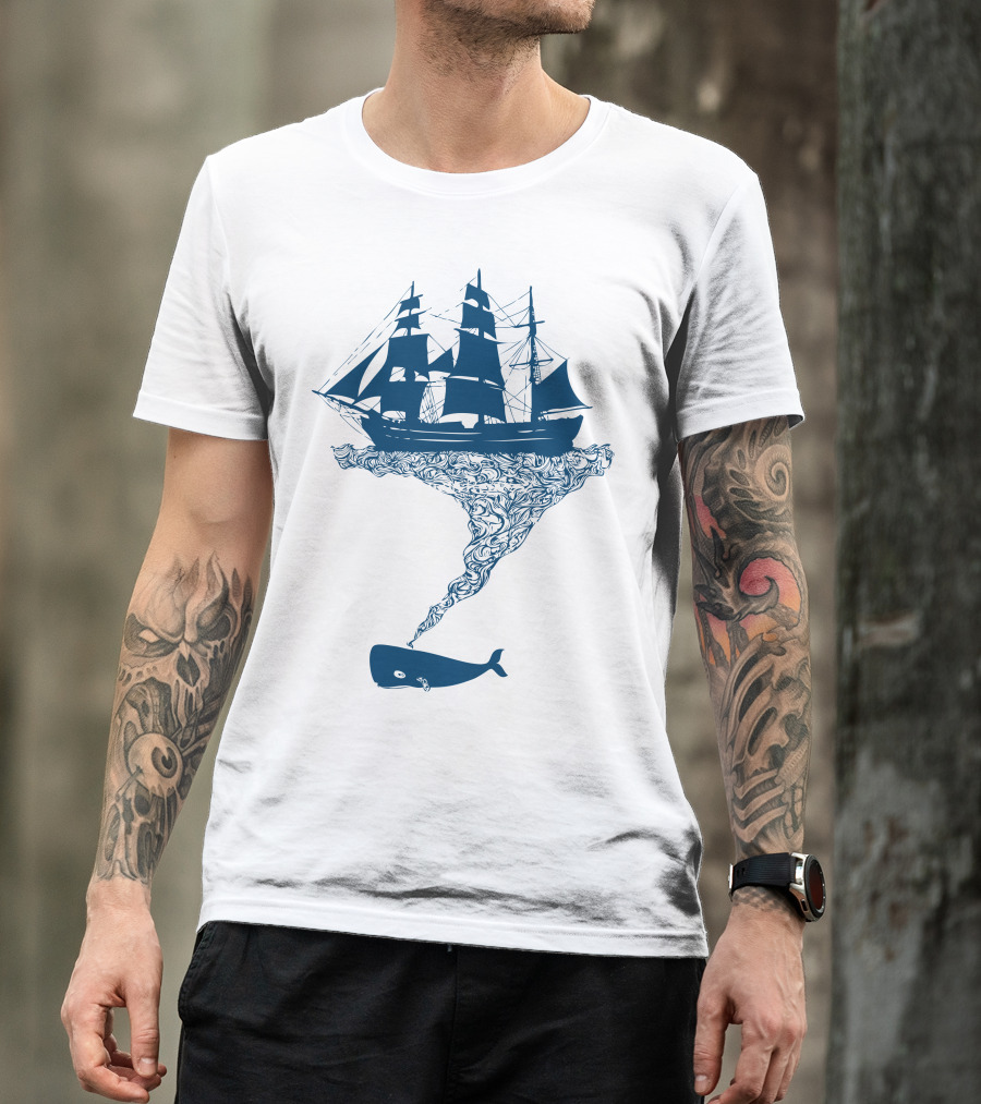 Exhaling Flotsam Blue Whale Sailing Ship Fusion T-Shirt