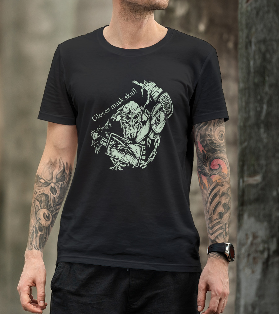 Hockey Gloves Mask Skull With Chainsaw And Spiked Shoulder Pads T-Shirt
