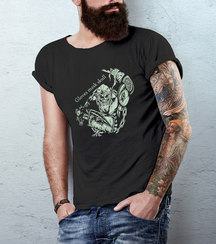 Hockey Gloves Mask Skull With Chainsaw And Spiked Shoulder Pads T-Shirt