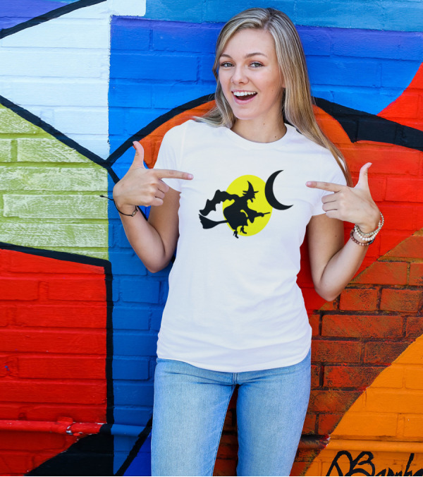 Halloween Madlibs Witch Flying In Moonlit Sky T-Shirt