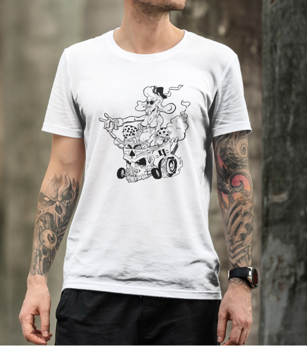Head Bangin Skull Rider With Mushroom Helmet And Flames T-Shirt
