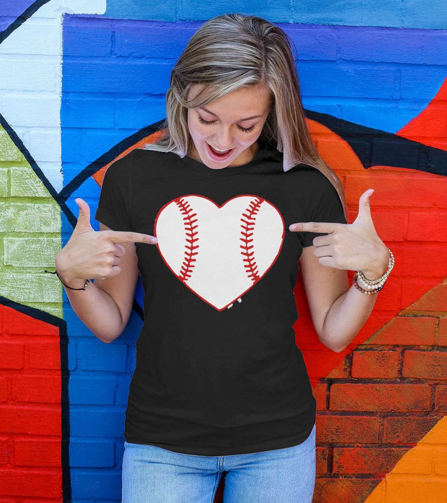 I Love Baseball Heart Stitching T-Shirt