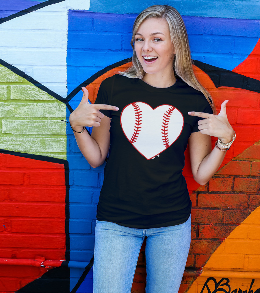 I Love Baseball Heart Stitching T-Shirt
