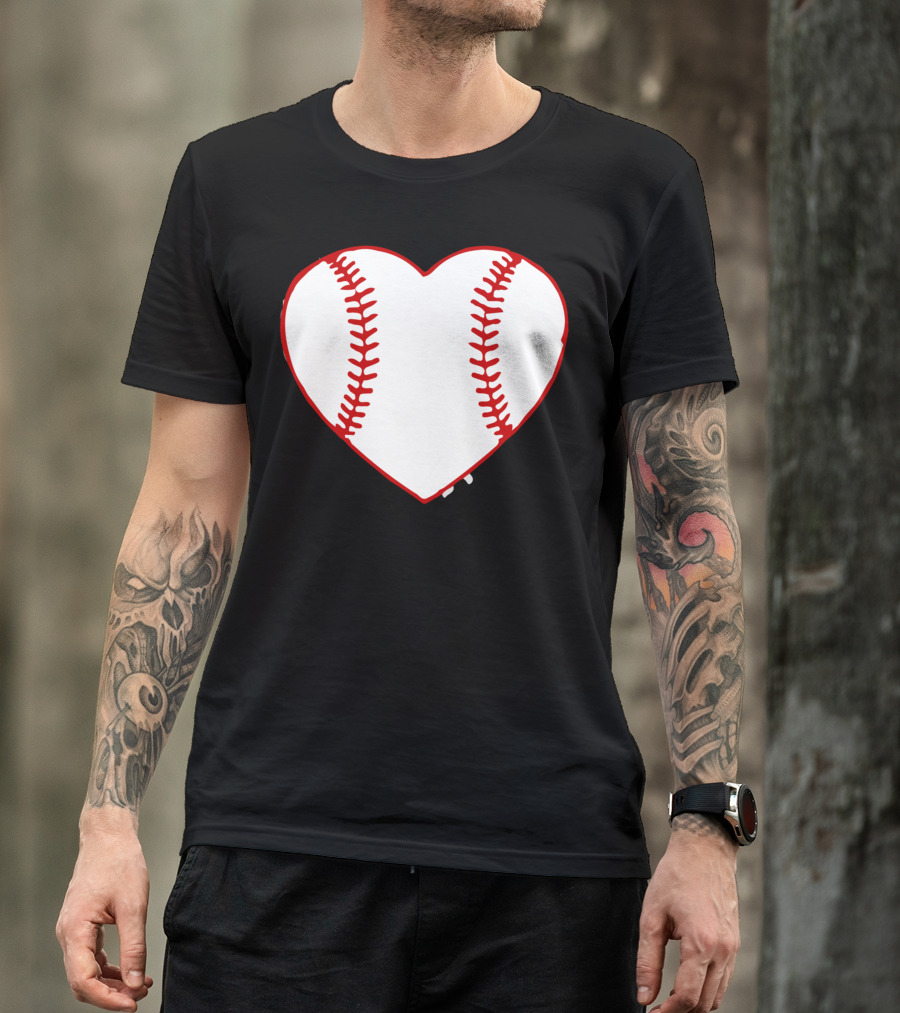 I Love Baseball Heart Stitching T-Shirt