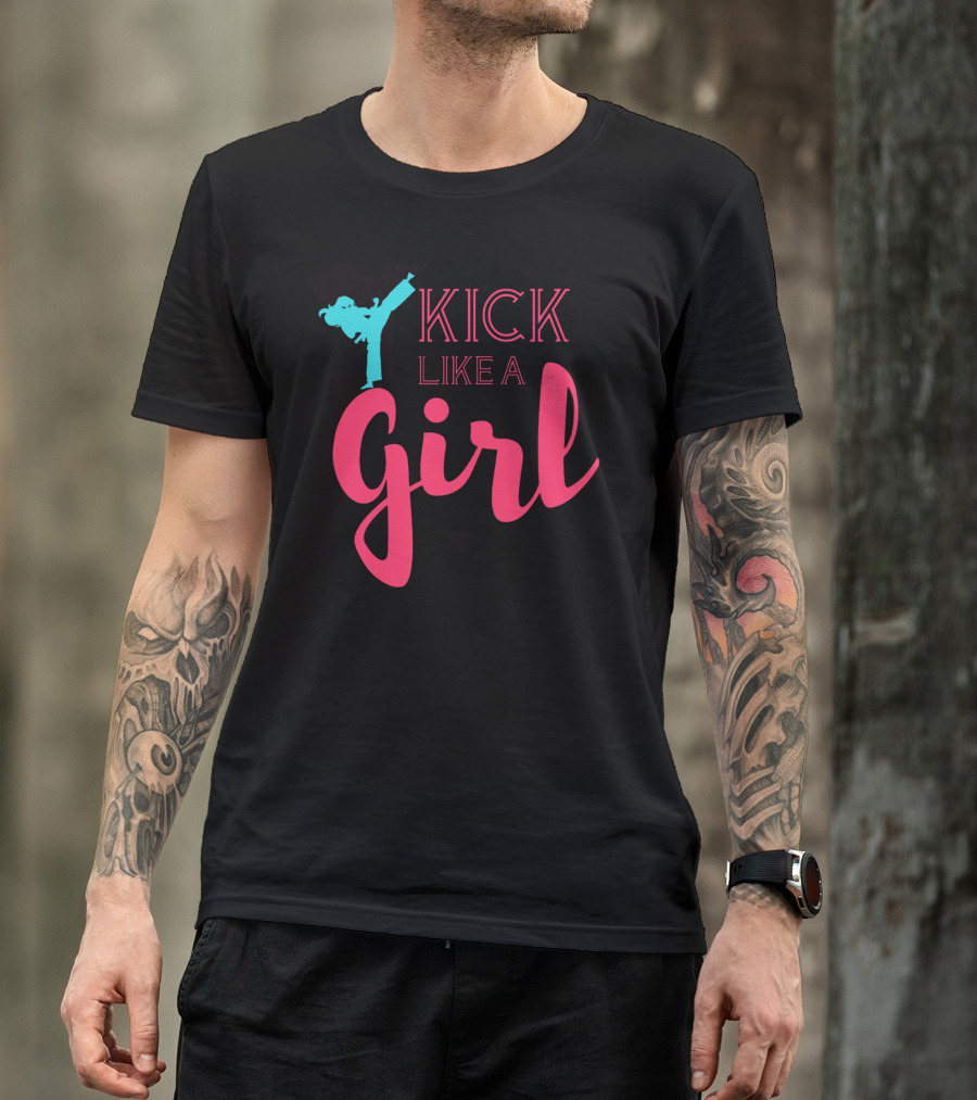 KICK LIKE A GIRL Teal Kicker Pink Script T-Shirt