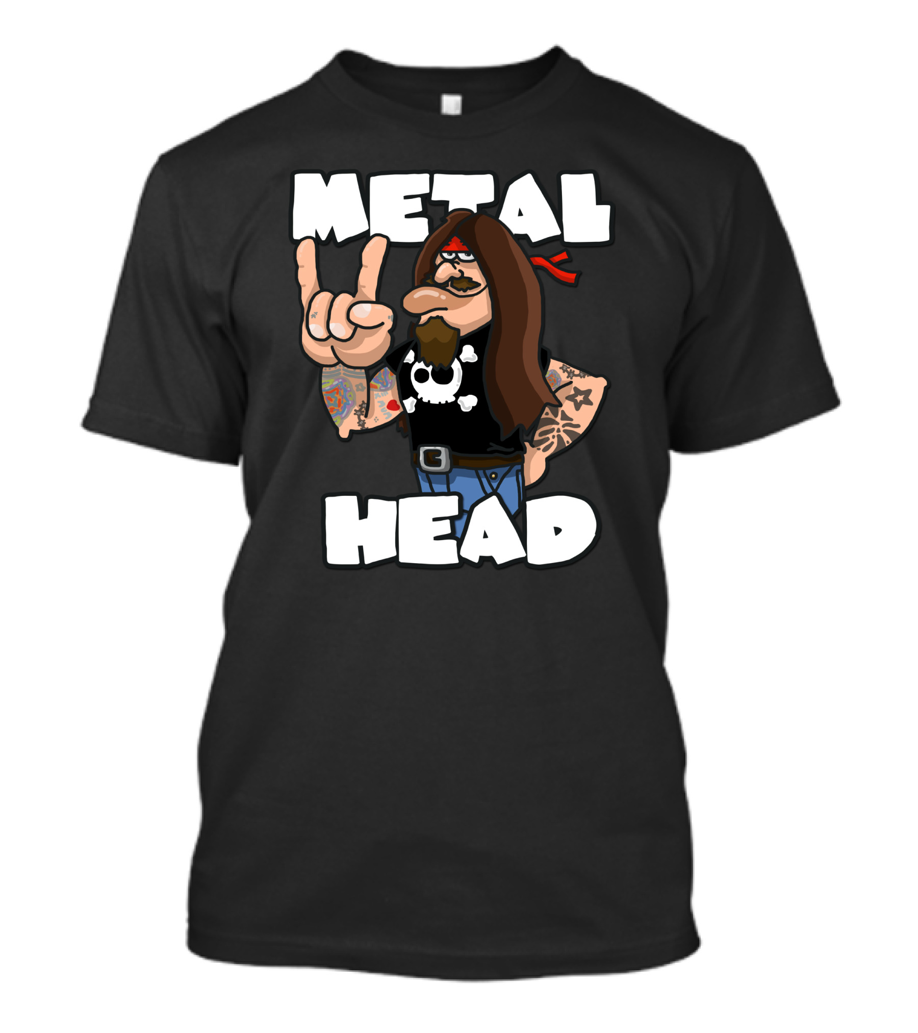 Metal Head Man Rocker With Tattoos Skull Shirt And Long Brown Hair T-Shirt
