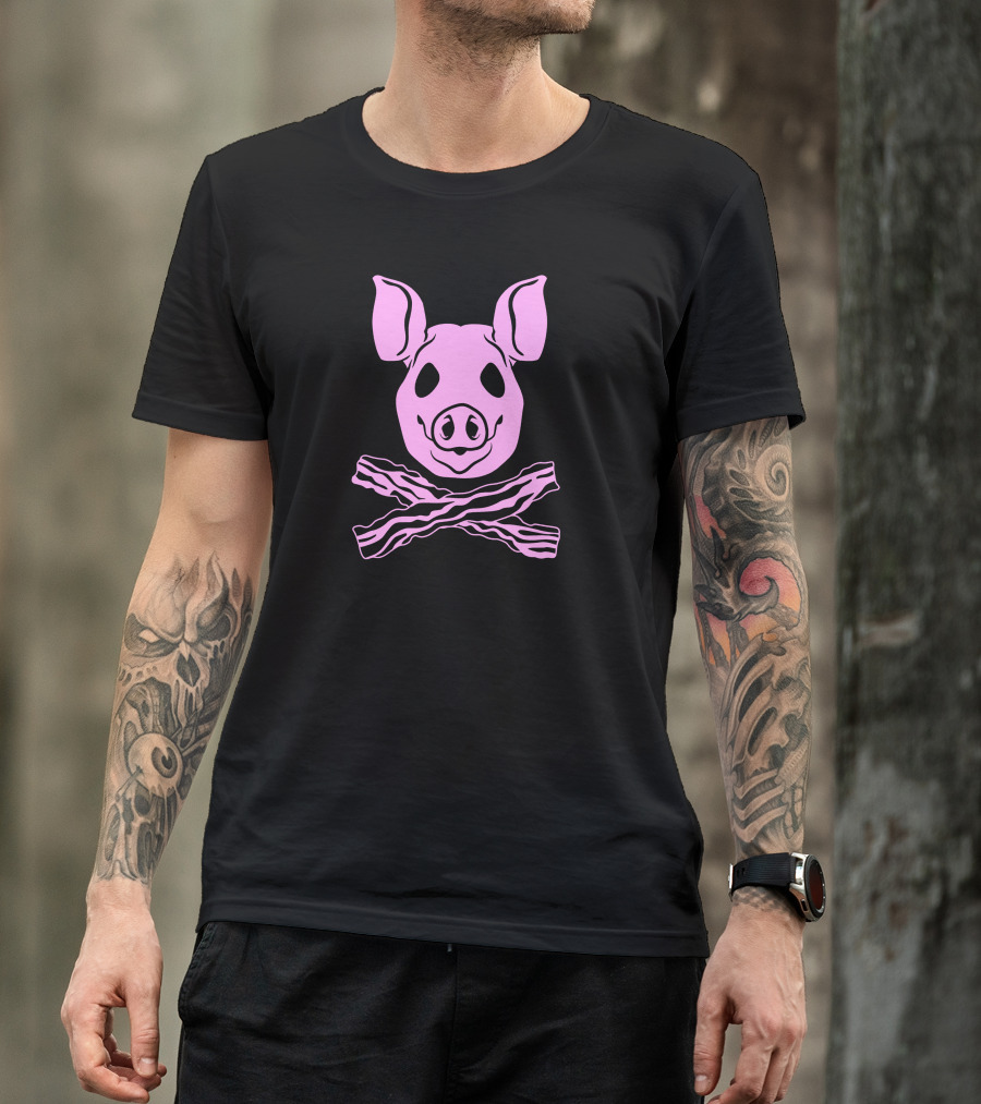 Pink Pig Skull With Crossed Bacon Strips T-Shirt