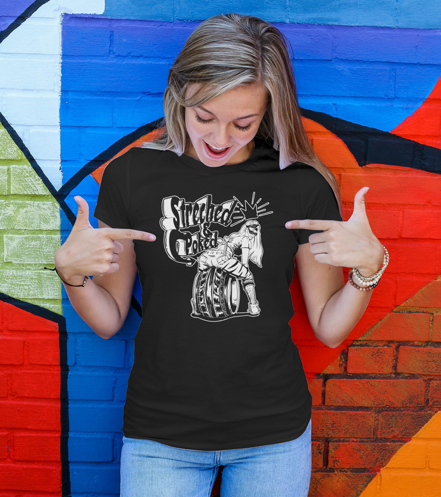 Streched And Poked Girl Posing On Stacked Tires With Crown And Shades T-Shirt