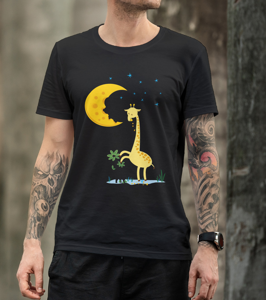 Giraffe Biting A Delicious Moon Cake Under Starry Night T-Shirt