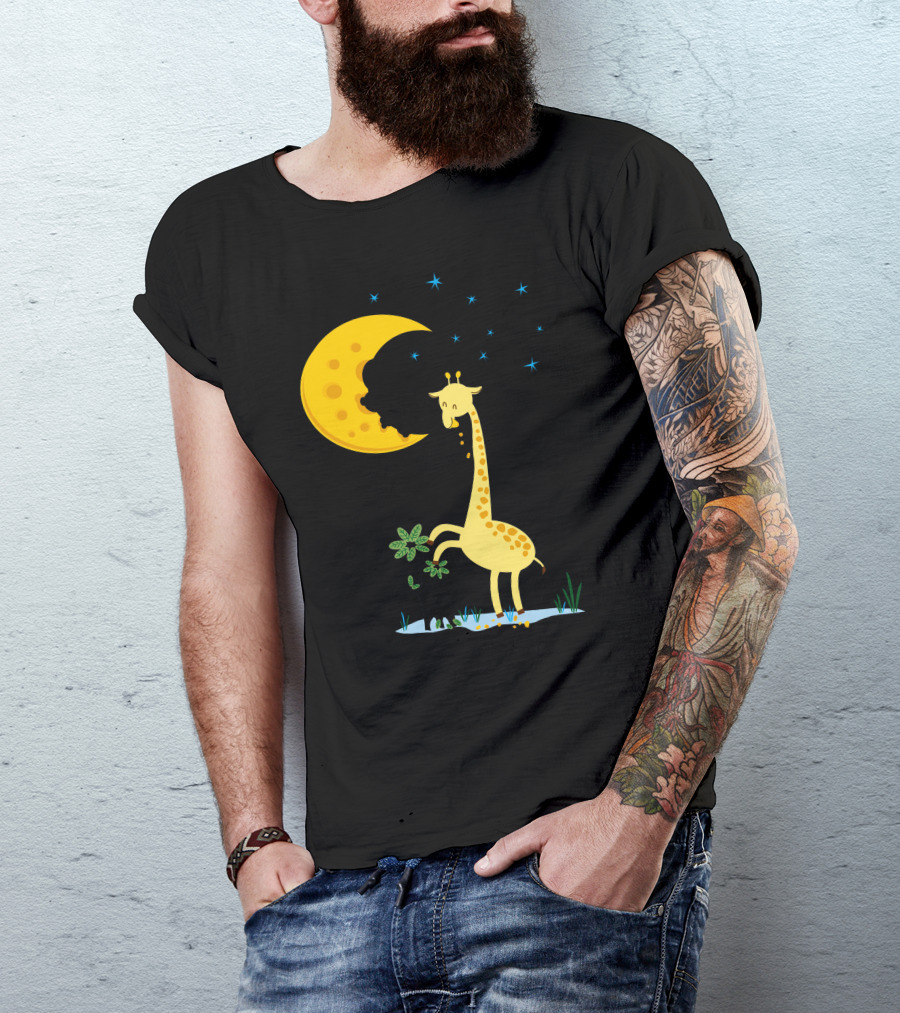 Giraffe Biting A Delicious Moon Cake Under Starry Night T-Shirt