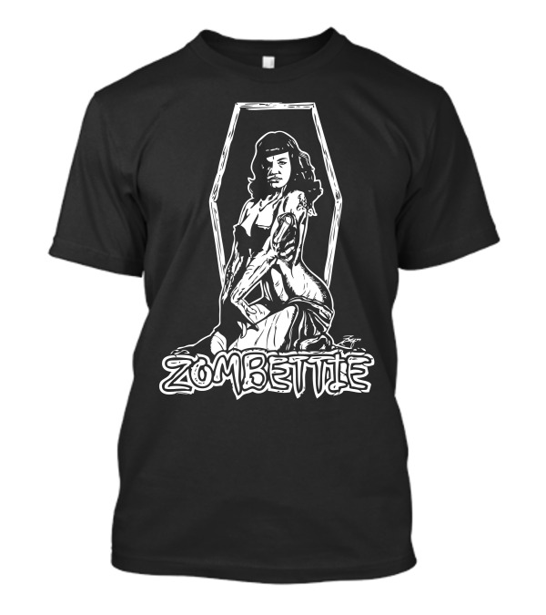 Zombettie Retro Pin-Up Zombie Illustrated In Coffin Frame T-Shirt