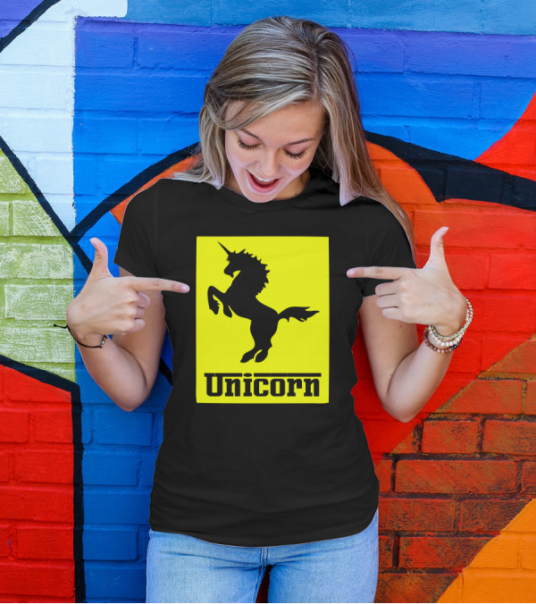 Unicorn Ferrari Car Logo Parody Black Yellow T-Shirt