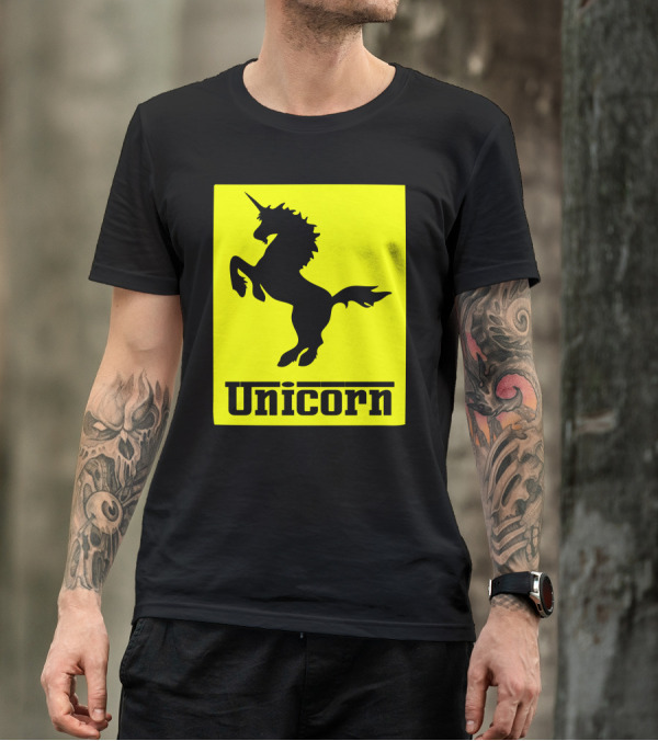 Unicorn Ferrari Car Logo Parody Black Yellow T-Shirt