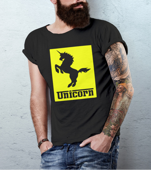Unicorn Ferrari Car Logo Parody Black Yellow T-Shirt