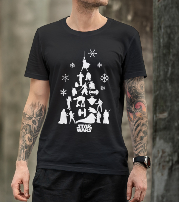 Star Wars Christmas Tree Silhouettes Featuring Characters And Snowflakes T-Shirt
