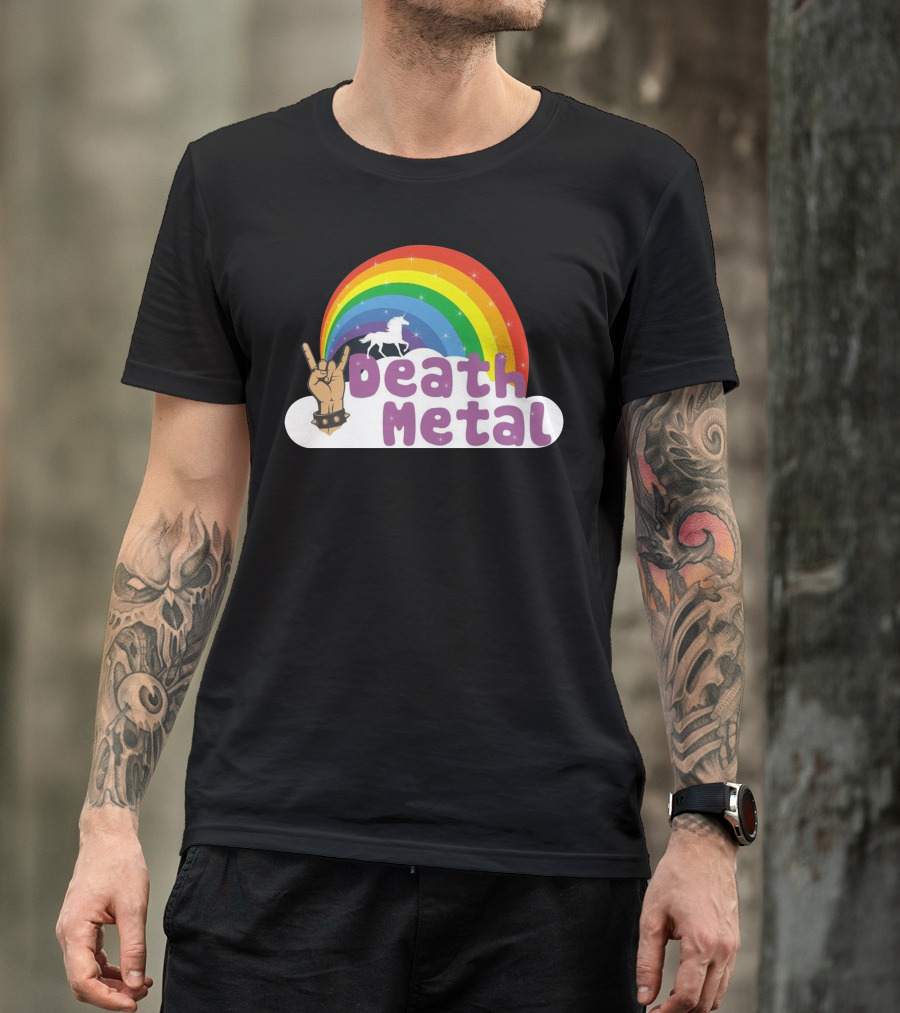 Death Metal Unicorn Rainbow Rock Hand T-Shirt