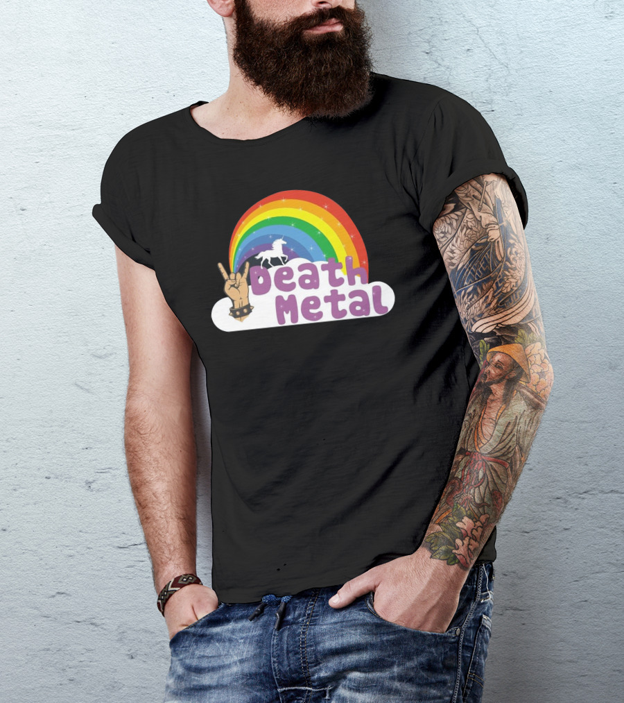 Death Metal Unicorn Rainbow Rock Hand T-Shirt