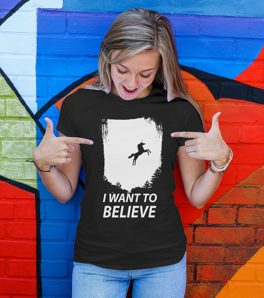I Want To Believe Unicorn Silhouette Forest Scene T-Shirt