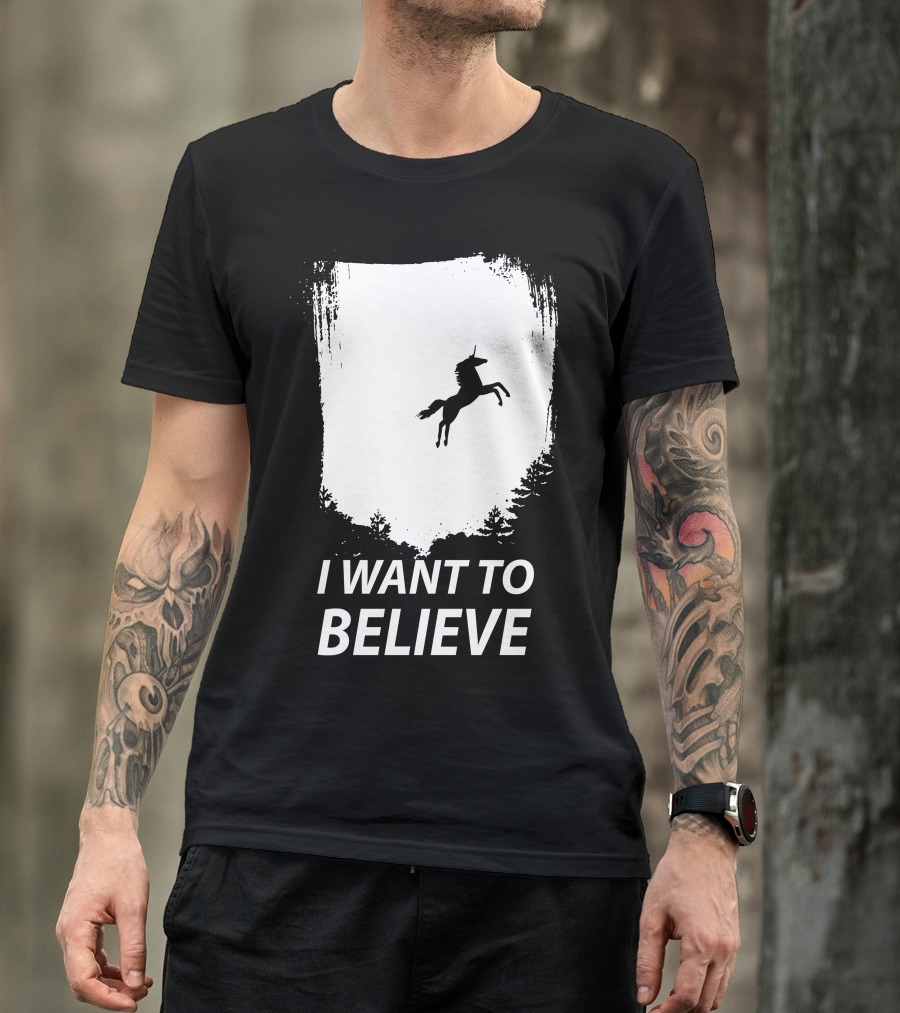 I Want To Believe Unicorn Silhouette Forest Scene T-Shirt