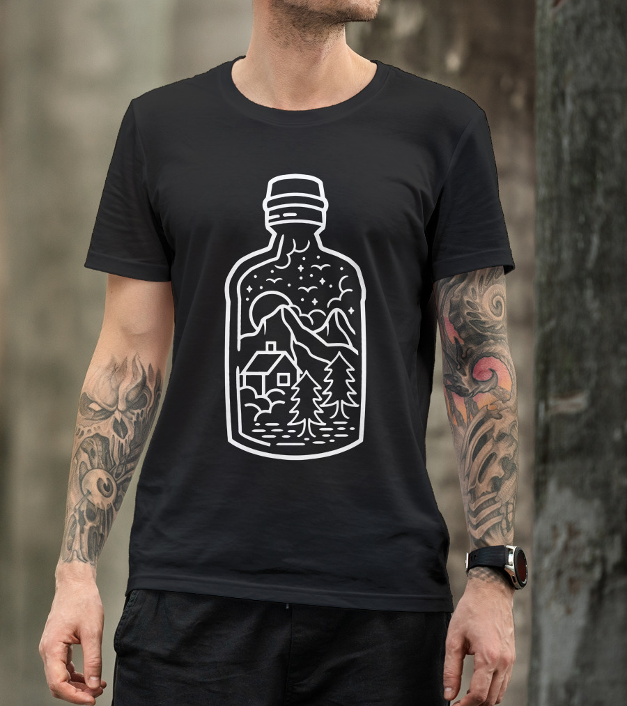 Bottle Enclosed Cabin And Mountain Scene With Night Sky T-Shirt