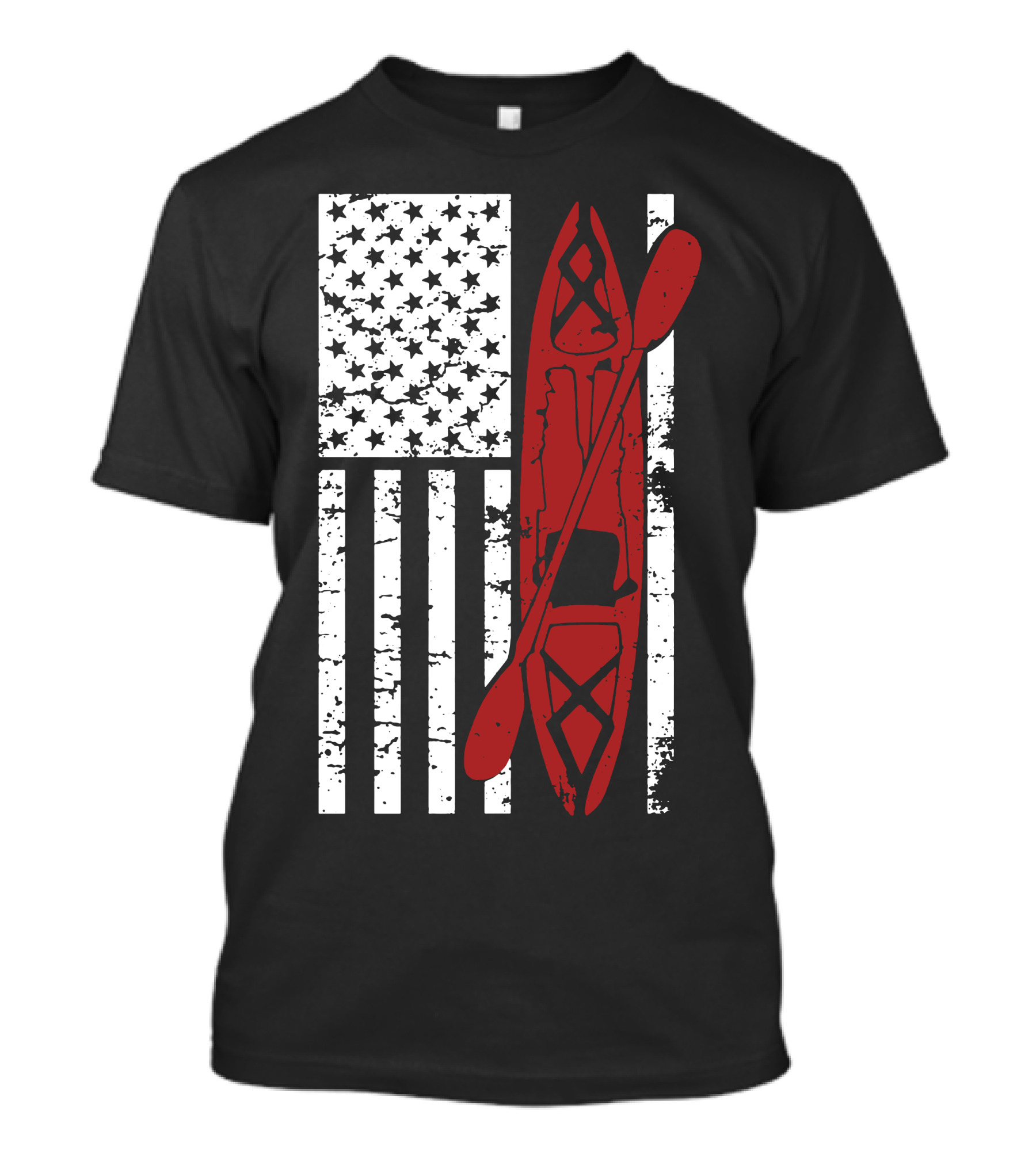 Rustic Kayak Overlaid On Distressed American Flag T-Shirt