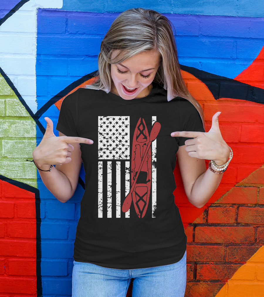 Rustic Kayak Overlaid On Distressed American Flag T-Shirt