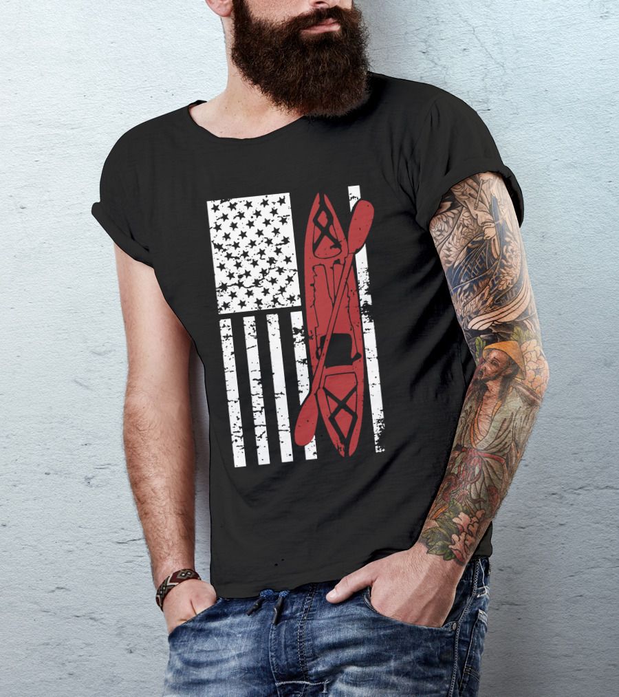 Rustic Kayak Overlaid On Distressed American Flag T-Shirt