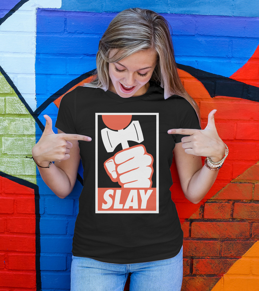 SLAY Fist Hammer Retro Badge T-Shirt