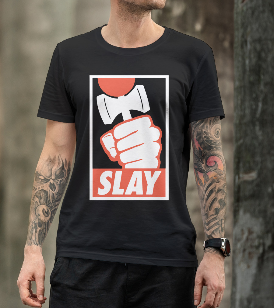 SLAY Fist Hammer Retro Badge T-Shirt