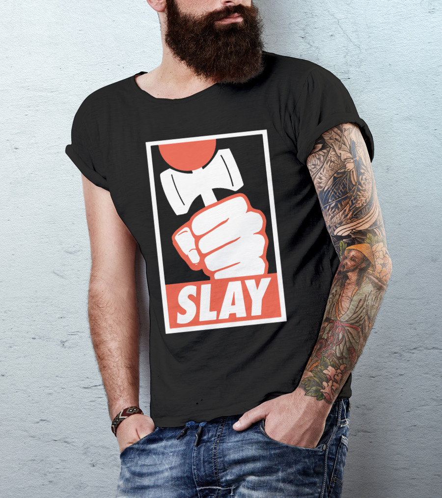 SLAY Fist Hammer Retro Badge T-Shirt