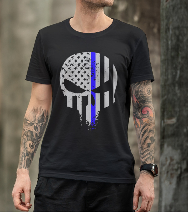Thin Blue Line American Flag Skull Emblem T-Shirt