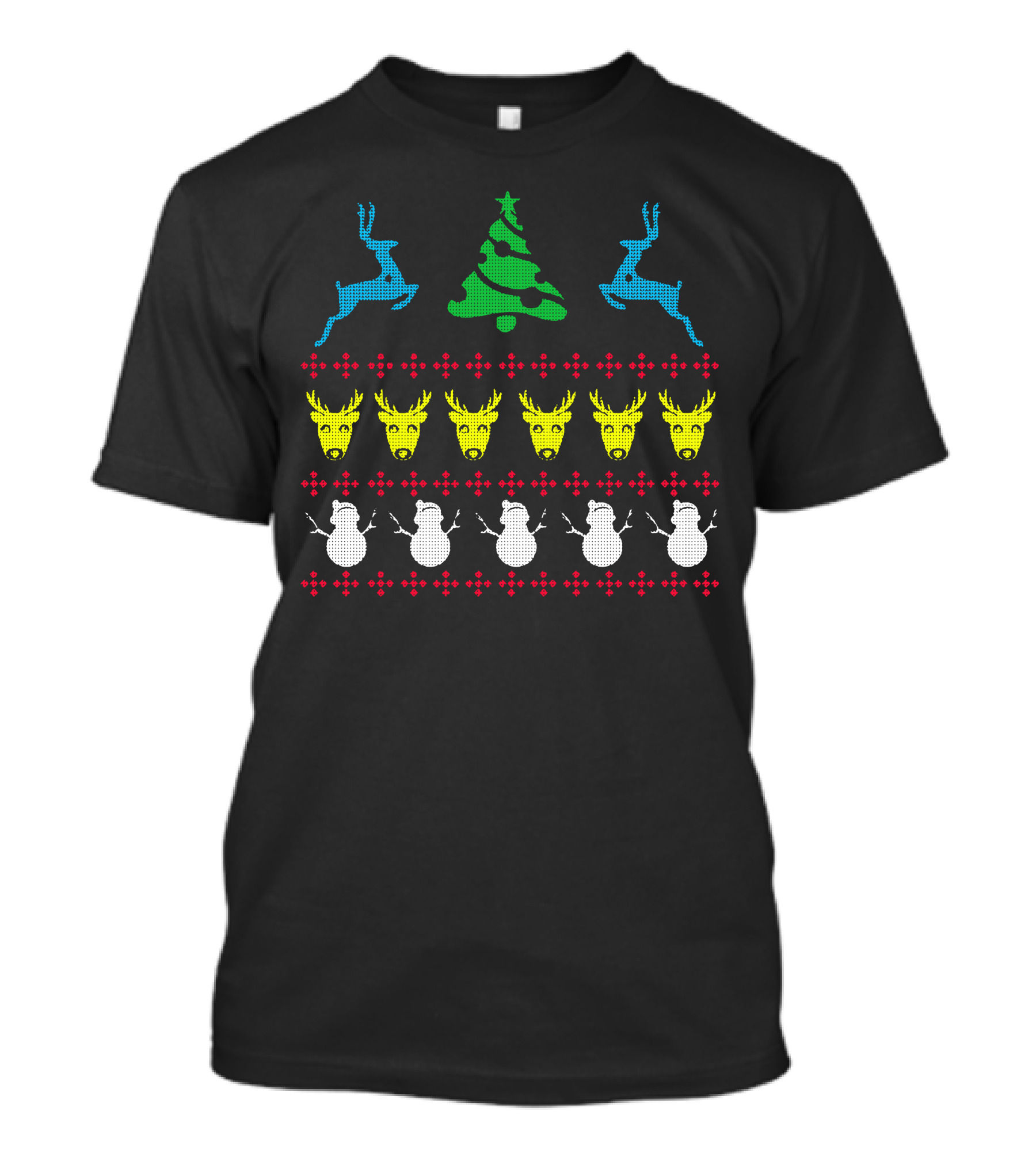 Ugly Christmas Scene Green Tree Blue Reindeer Yellow Deer Snowmen T-Shirt
