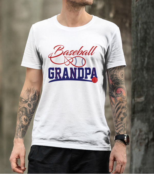 Baseball Grandpa Red Script Blue Block Baseball Stitching T-Shirt