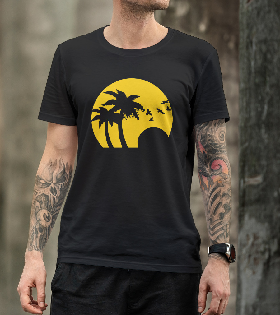 Beach Sunset With Birds And Palm Trees T-Shirt