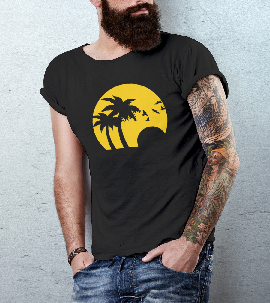 Beach Sunset With Birds And Palm Trees T-Shirt